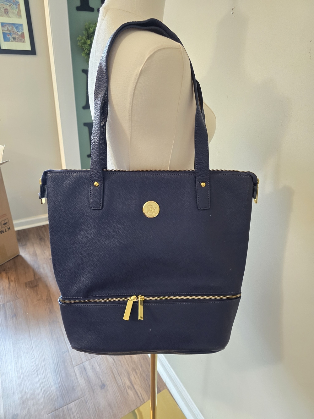 Joy Mangano Navy Leather Tote with Gold Hardware